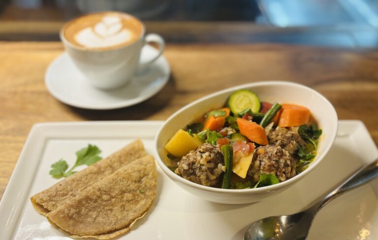 At Askatu bakery, enjoy albondigas, with beef from Olsen Farm or housemade vegan meatballs flavored with mint and rice, served in a tomato based broth with assorted vegetables from Farias Farm in Snohomish County. Photo by Elena Flory-Barnes.