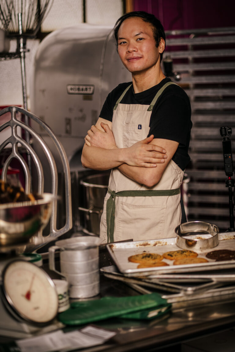 Vince Vu of Anh Oi works to make his cookies at Anh Oi Bake Shop and Commissary Kitchen  in Seattle. Vu, a former tech worker, returned to his roots by creating cookies that were reminiscent of his Vietnamese heritage. Photo by Dougal Brownlie.Creative)